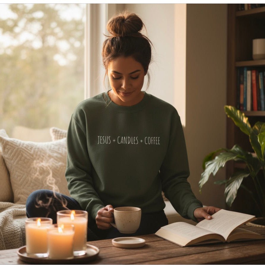 Jesus + Candles + Coffee Sweatshirt - Corn Crib Candles