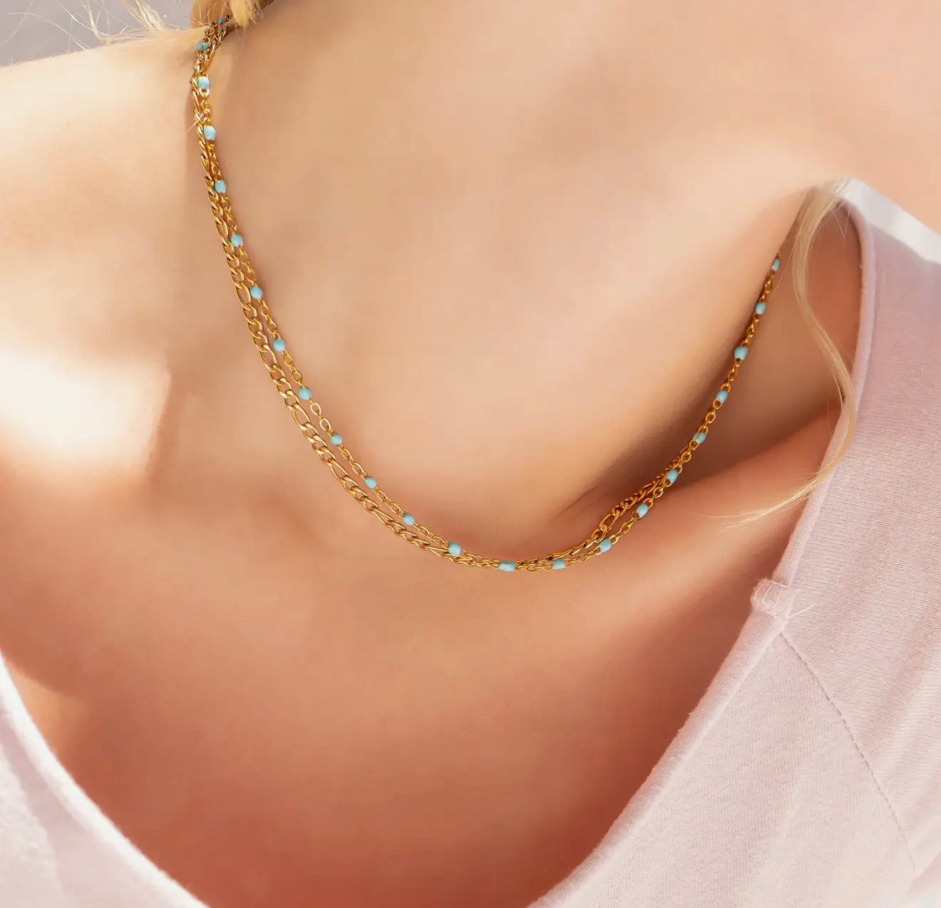 Stainless Steel Turquoise Bead Chain Necklace